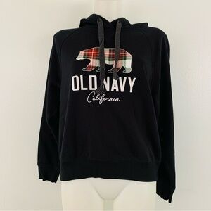 Old Navy Black Plaid Bear “California” Graphic Pull Over Hoodie Size Medium